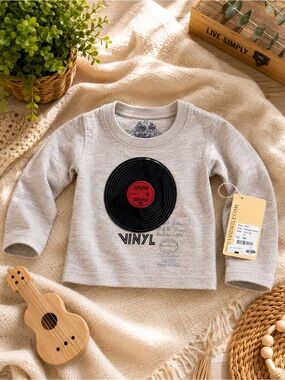 Wes & Willy Baby Vinyl Record Tee Oatmeal Heather Long Sleeve 3M NWT